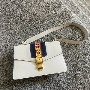 Authentic Gucci Sylvie Small Shoulder Bag Leather Red White Blue Stripe